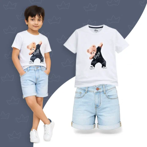 Cool Bear Dancing Set + Sky Blue Denim Shorts (Combo)