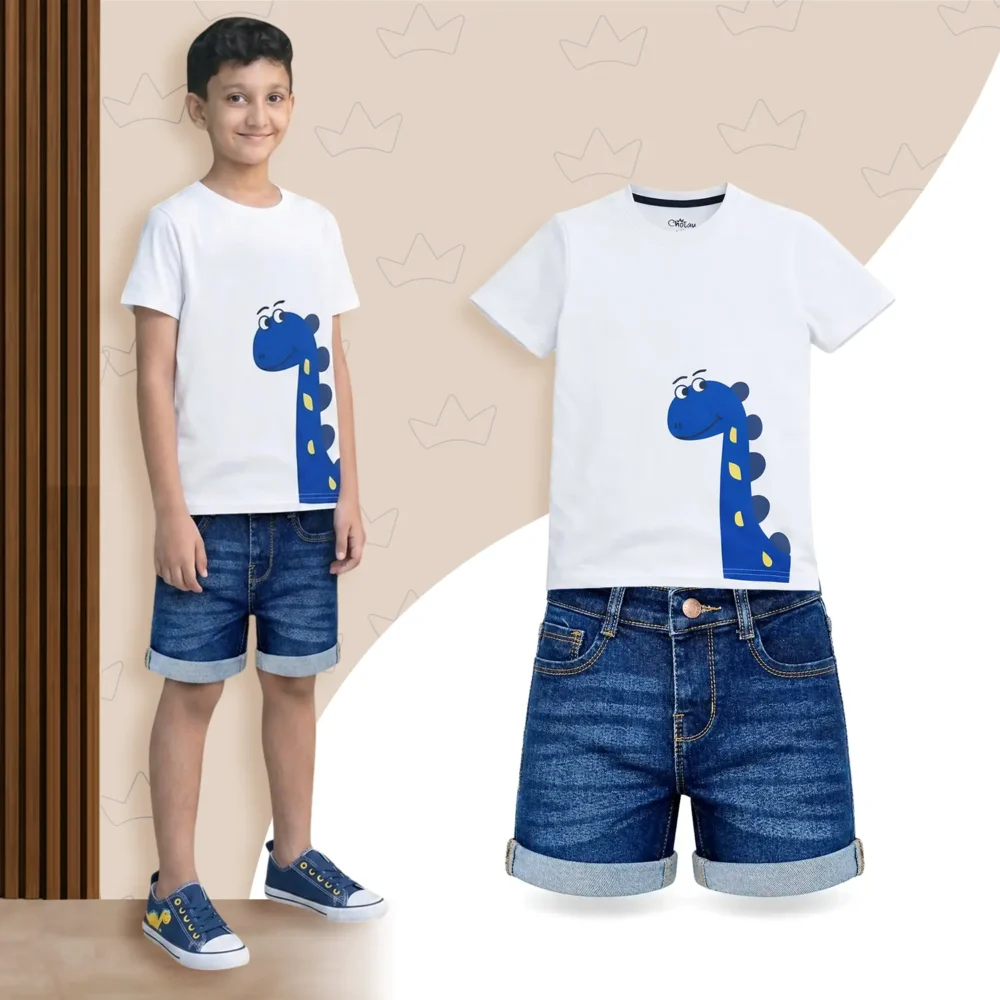 Blue Dino Set + Deep Blue Denim Shorts (Combo)