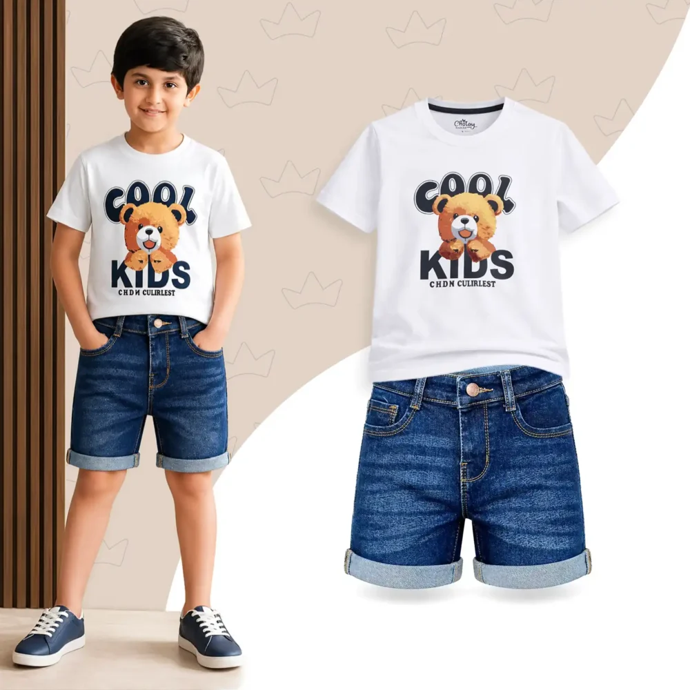 Cool Bear Kid Set + Deep Blue Denim Shorts (Combo)