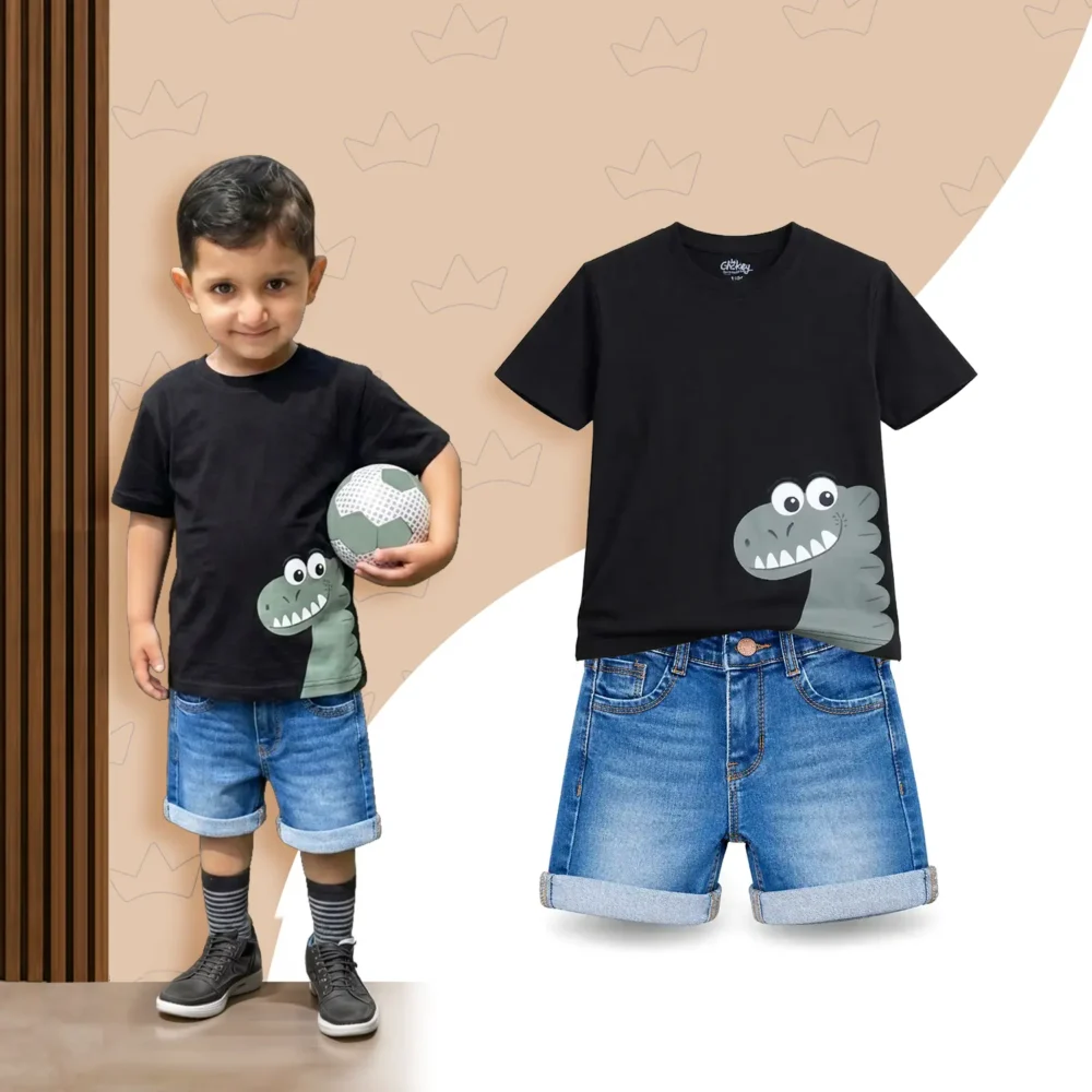 Green Dino Set + Light Blue Denim Shorts (Combo)