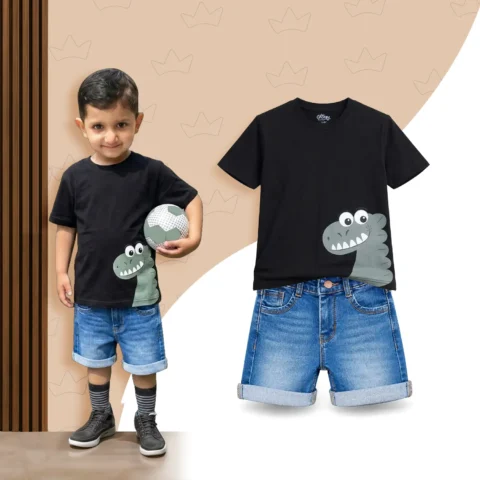 Green Dino Set + Light Blue Denim Shorts (Combo)