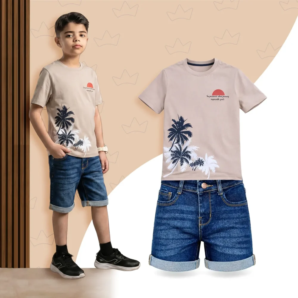 Palm Trees Set + Deep Blue Denim Shorts (Combo)