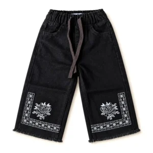 Girls Black Baggy Denim Pant with Embroidery