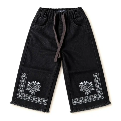 Girls Black Baggy Denim Pant with Embroidery