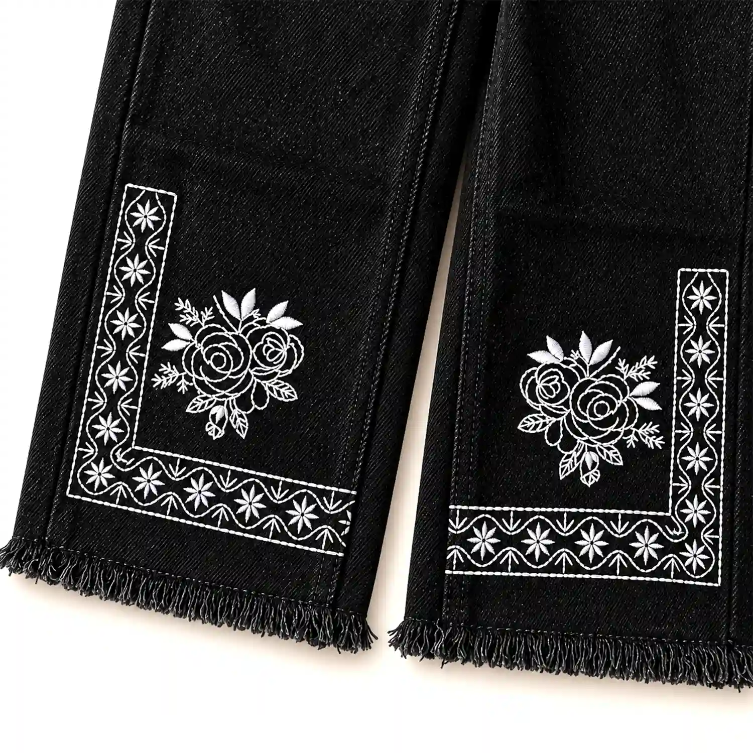 Girls Black Baggy Denim Pant with Embroidery - Image 2
