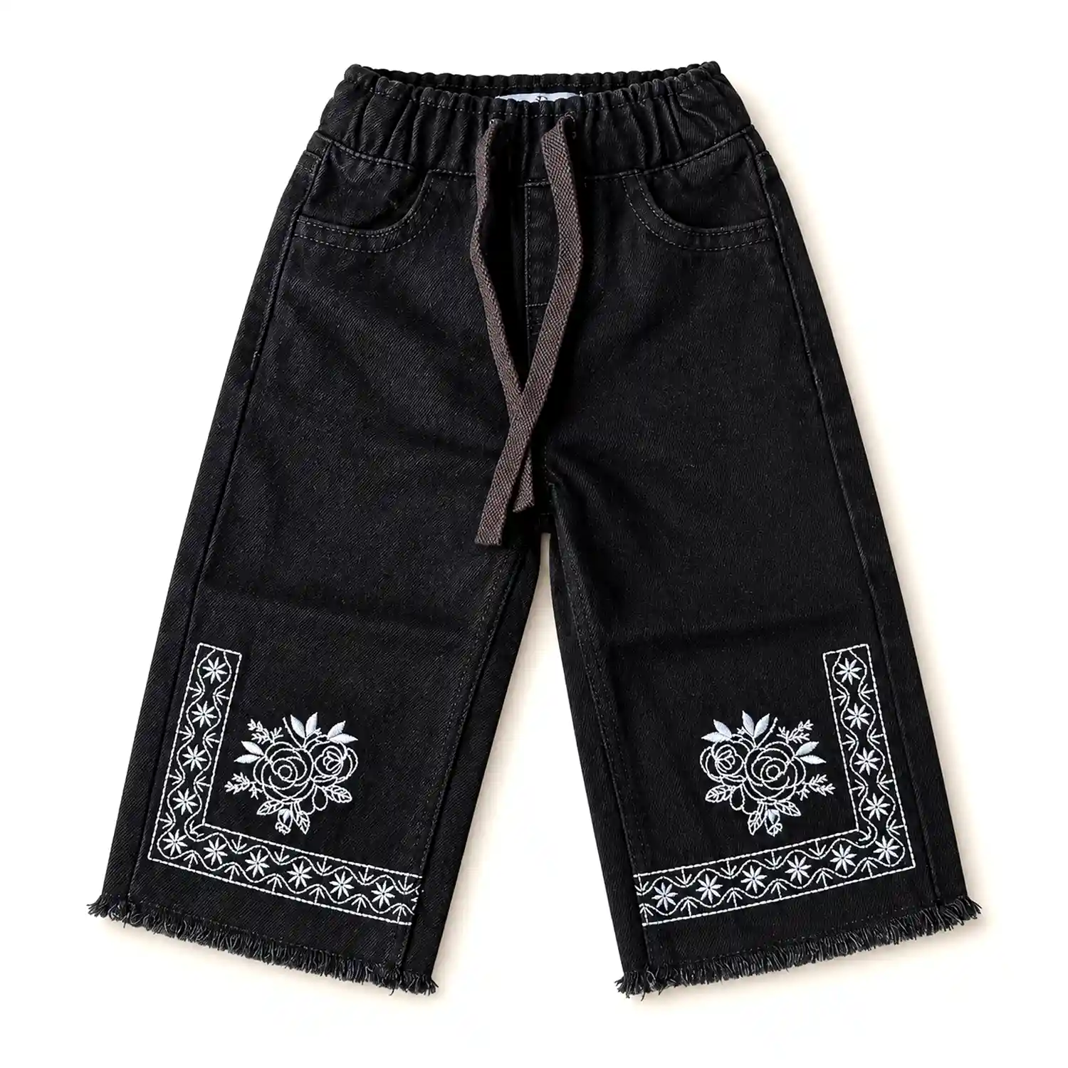 Girls Black Baggy Denim Pant with Embroidery