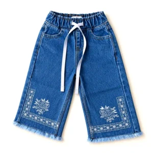 Girls Light Blue Baggy Denim Pant with Embroidery
