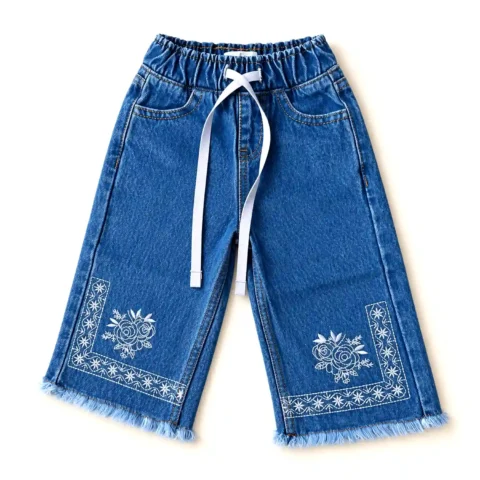 Girls Light Blue Baggy Denim Pant with Embroidery