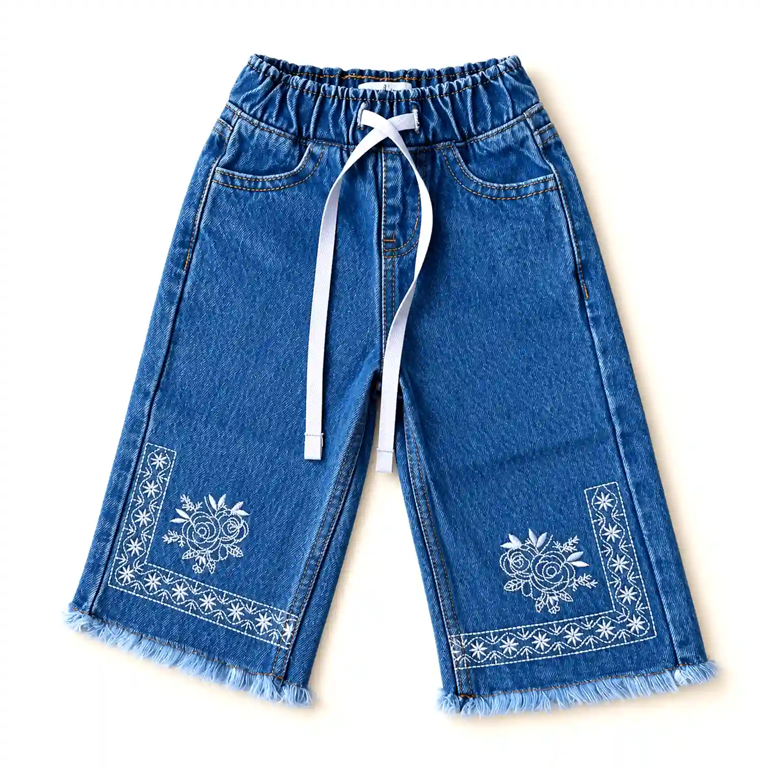 Girls Light Blue Baggy Denim Pant with Embroidery