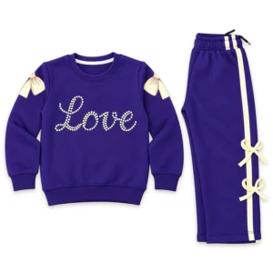 Girls Purple & Cream Stripes with Bow Tracksuit Set