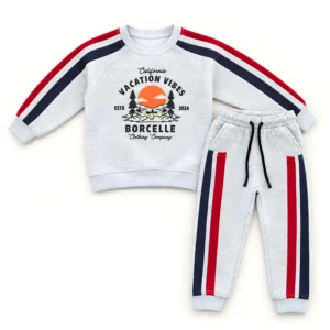 Light Grey Boys Tracksuit Set with Red & Navy Stripes