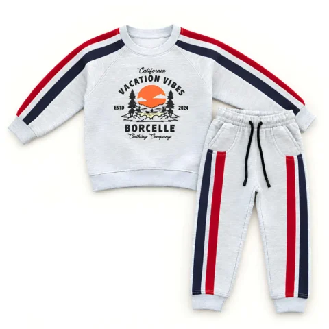 Light Grey Boys Tracksuit Set with Red & Navy Stripes
