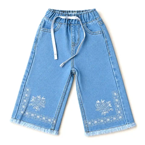 Girls Sky Blue Baggy Denim Pant with Embroidery