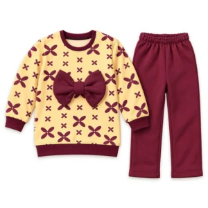 Girls Mustard Yellow & Burgundy Tracksuit Set with Bow
